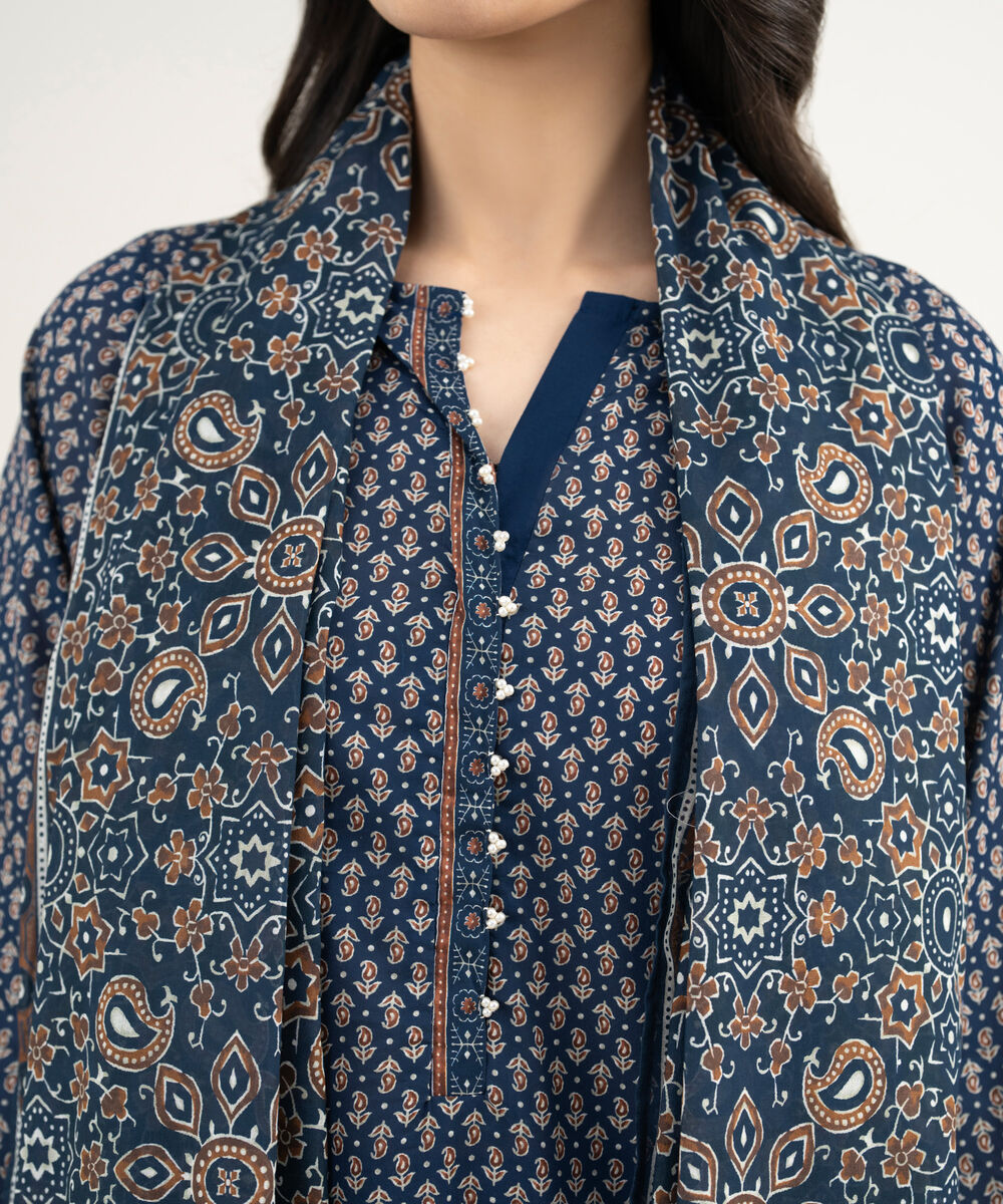 Women's RTW Lawn Printed Blue 3 Piece Suit