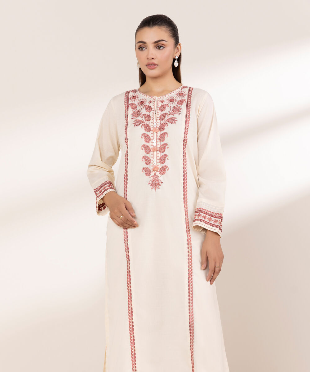 Women's RTW Textured Lawn Pink Embroidered A-Line Shirt