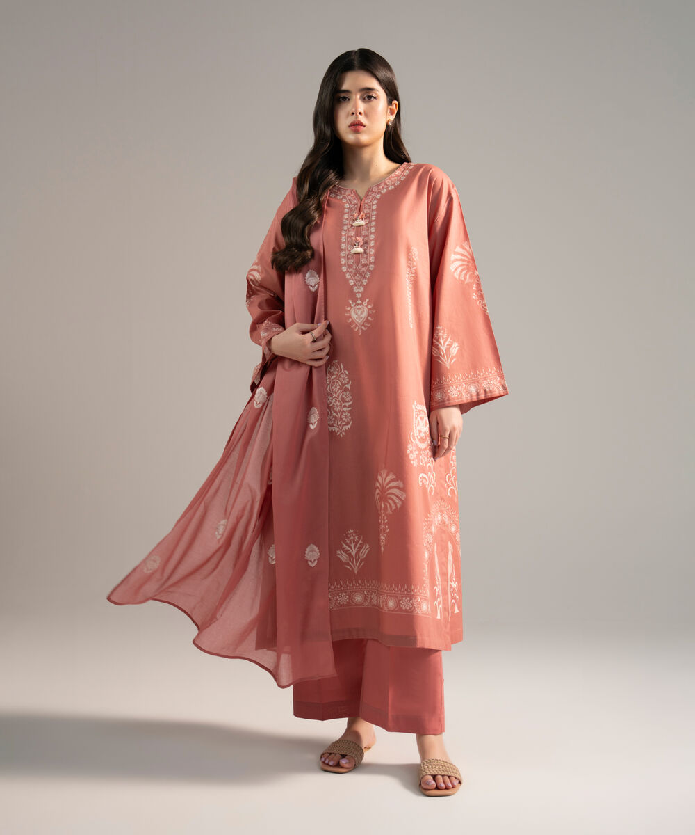 Women's RTW Lawn Printed Pink 3 Piece Suit