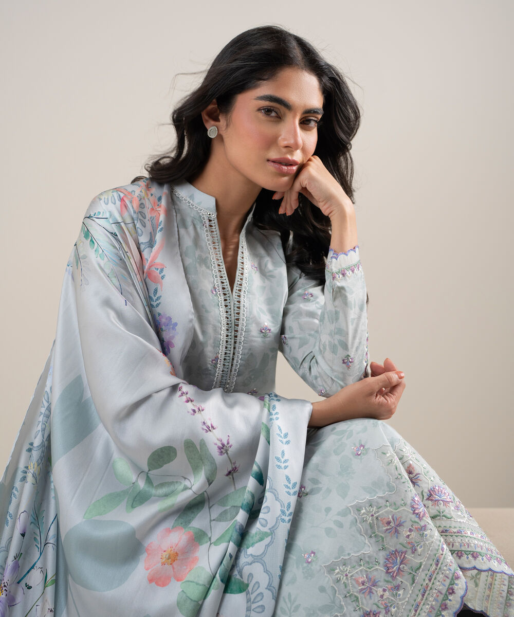 Women's Unstitched Lawn Embroidered Grey 3 Piece Suit