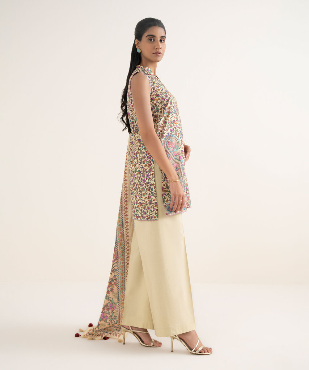 Women's Unstitched Cotton Printed Multi 3 Piece Suit