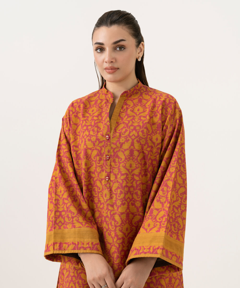 Women's Unstitched Cotton Printed Orange 2 Piece Suit
