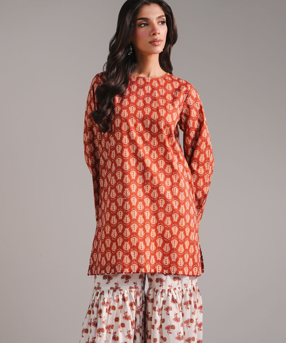 Women's RTW Textured Cotton Printed Rust 2 Piece Suit