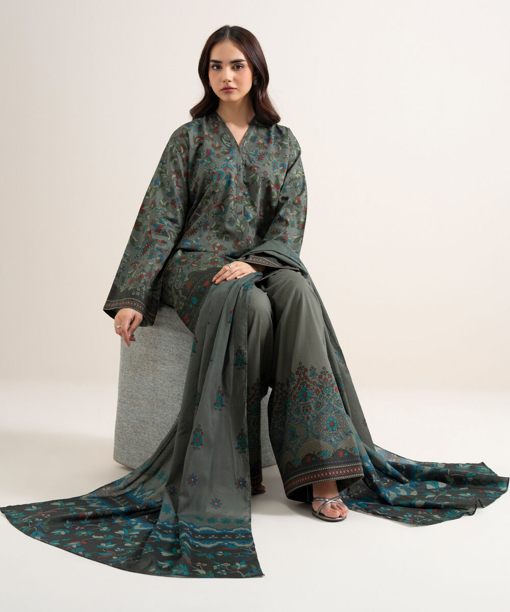 Women's Unstitched Lawn Printed Dark Grey 3 Piece Suit