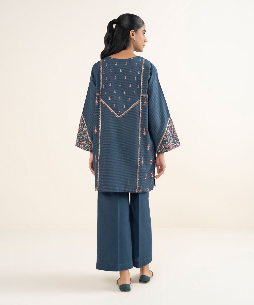 Women's RTW Light Khaddar Embroidered Straight Blue Shirt