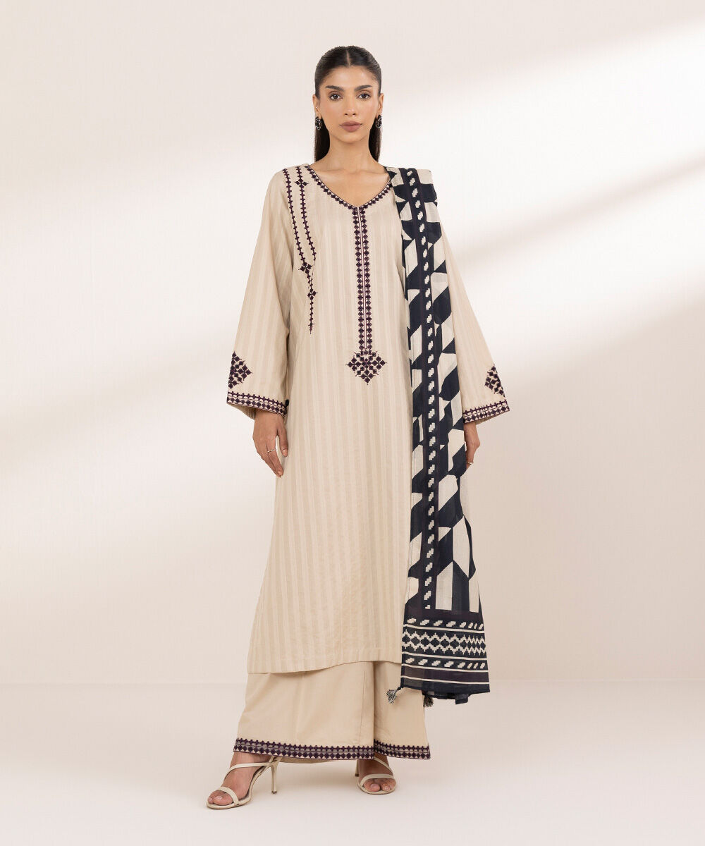 Women's RTW Textured Cotton Beige Embroidered A-Line Shirt