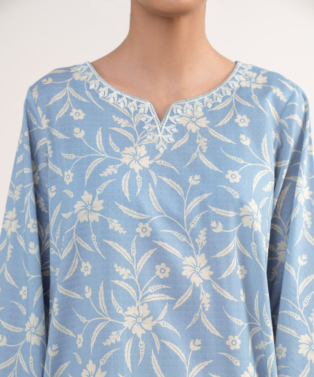 Women's RTW Textured Lawn Blue Embroidered A-Line Shirt
