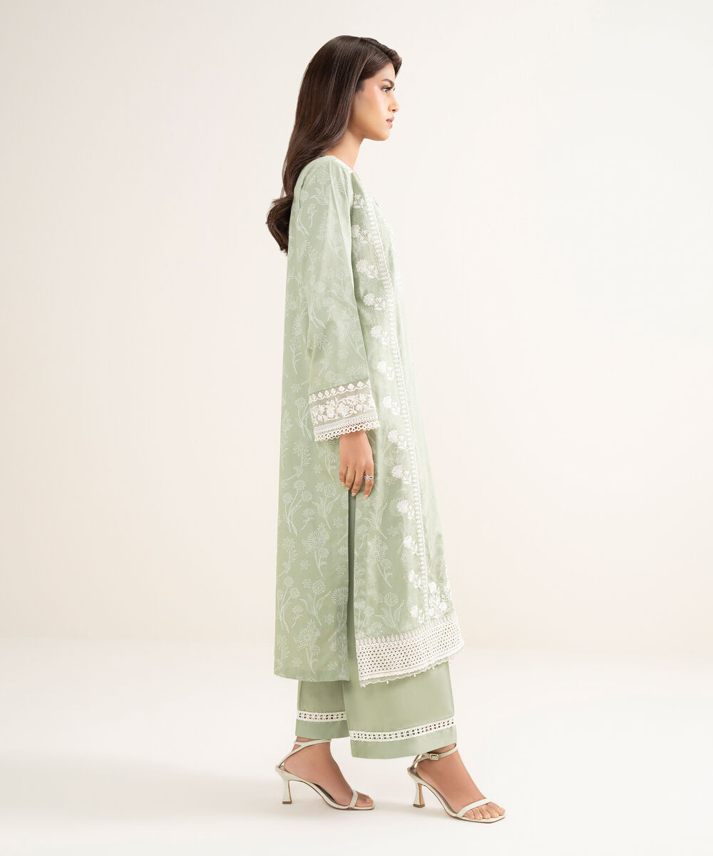 Women's RTW Lawn Embroidered Green A-Line Shirt