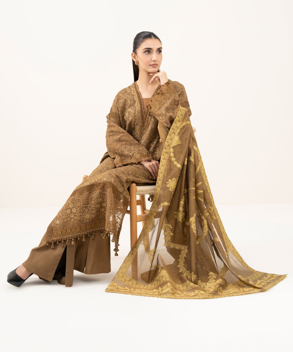 Women's Unstitched Linen Jacquard Embroidered Brown 3 Piece Suit