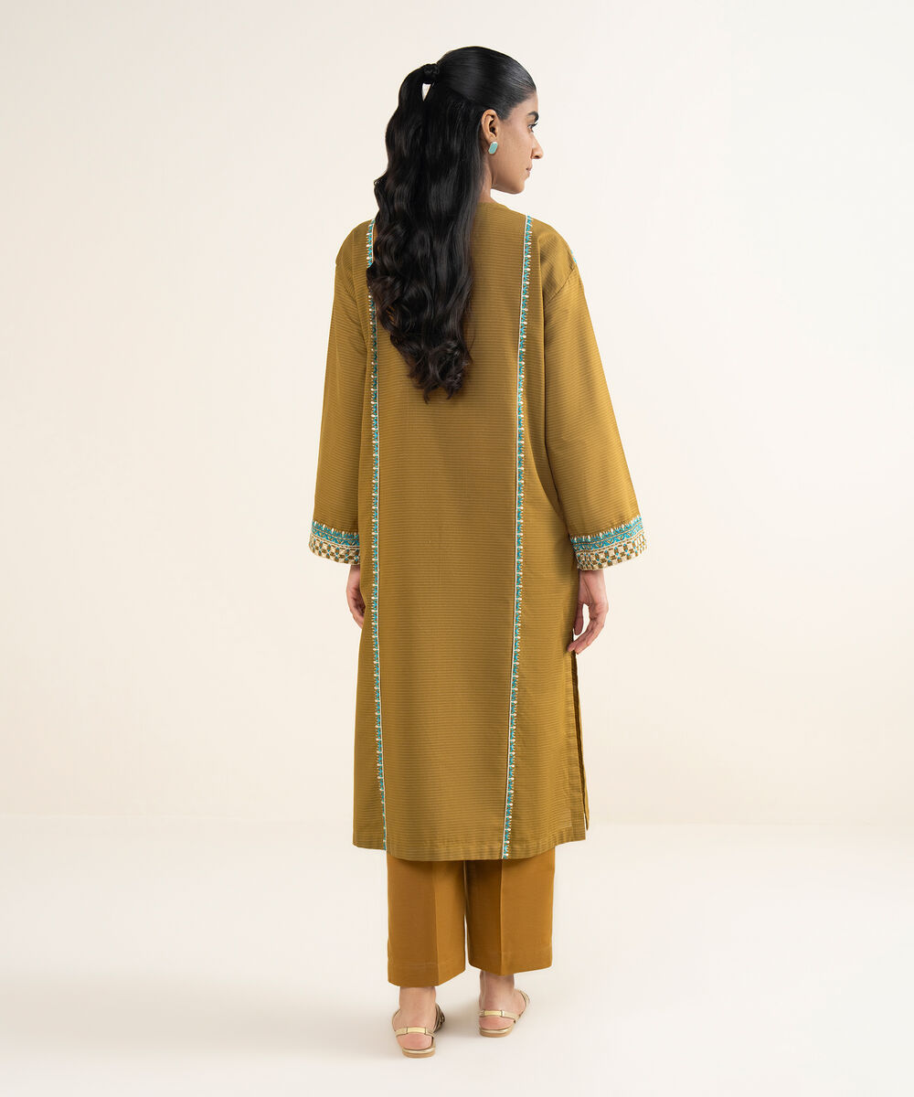 Women's RTW Light Khaddar Embroidered Brown A-Line Shirt