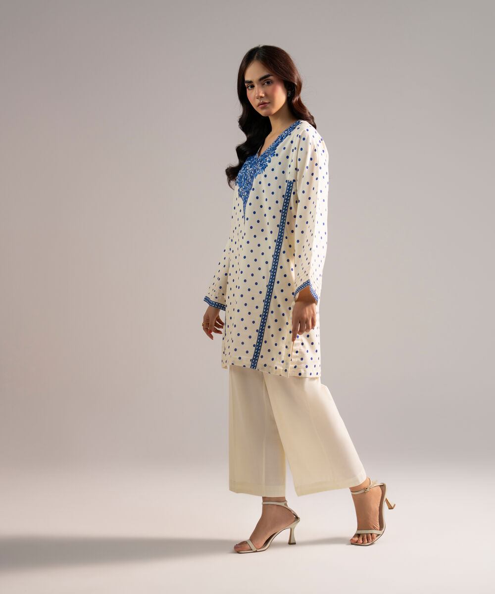 Women's RTW Cotton Viscose Embroidered Off White Straight Shirt