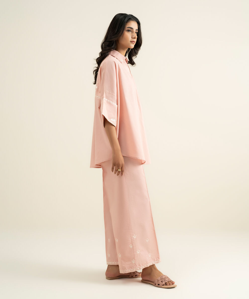 Women's RTW Dobby Embroidered Pink Flared Pants