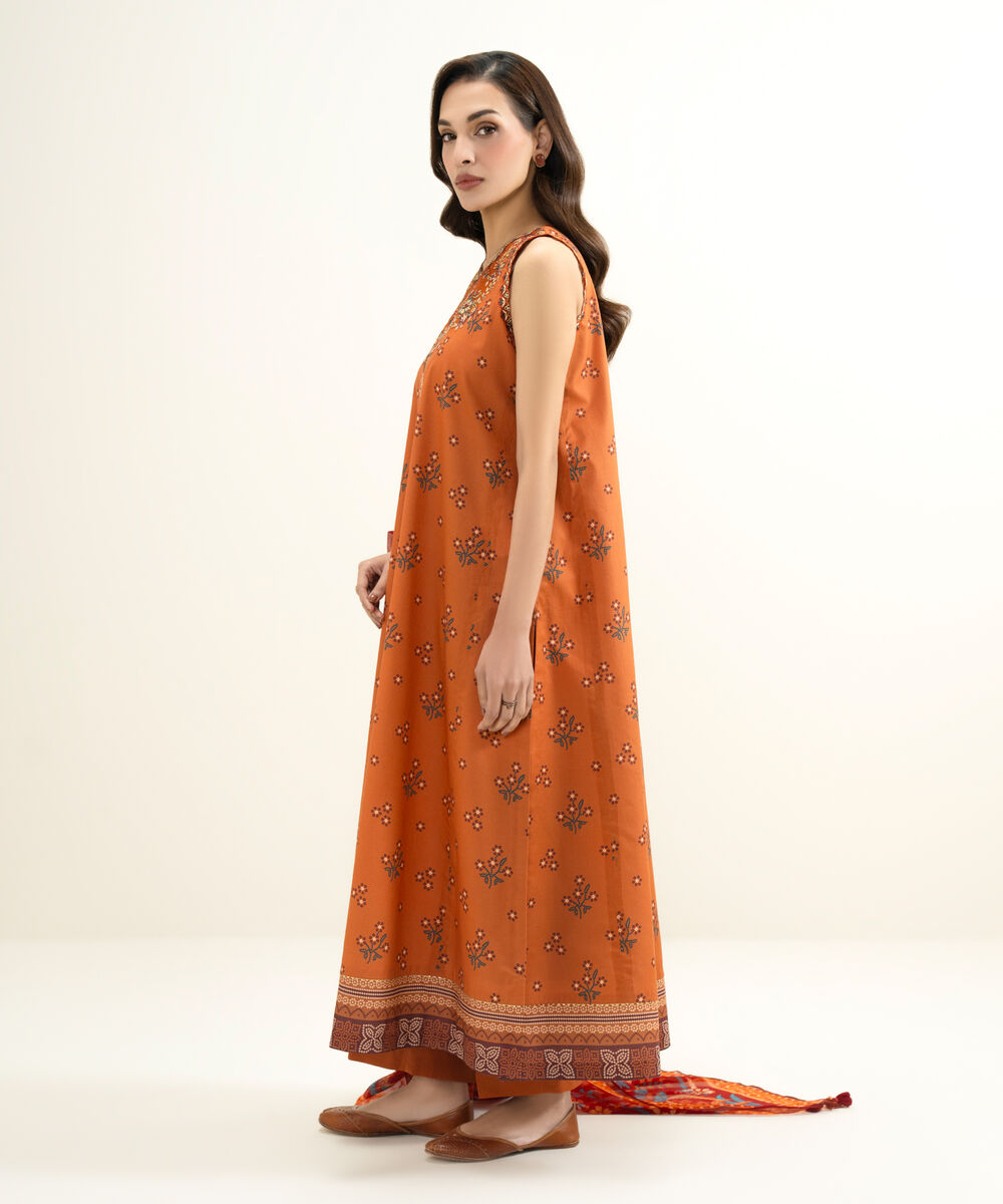 Women's Unstitched Lawn Embroidered Orange 3 Piece Suit