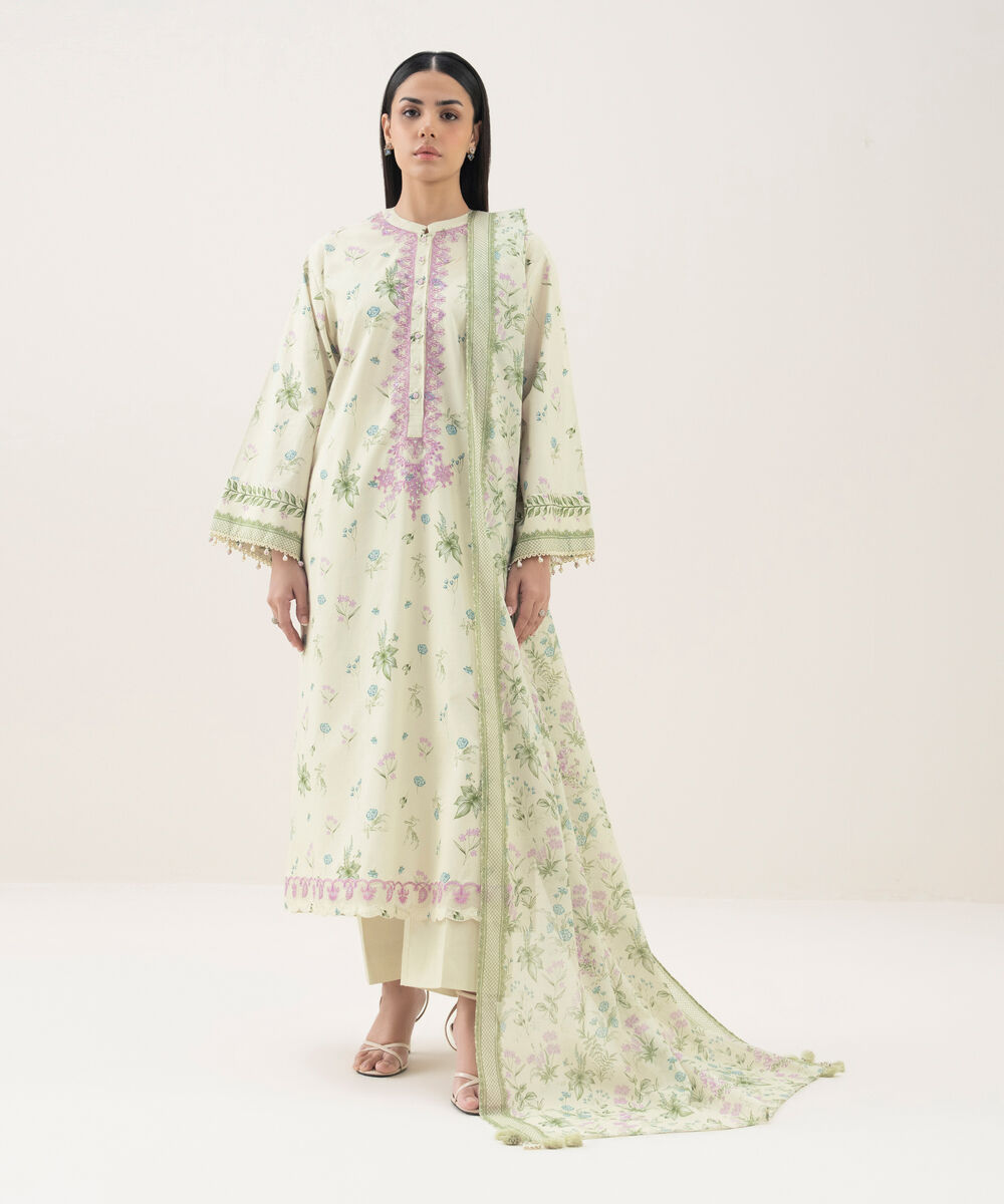 Women's Unstitched Lawn Embroidered Off White 3 Piece Suit