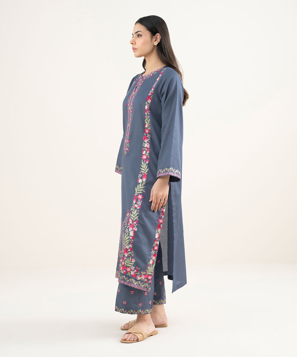 Women's RTW Lawn Embroidered Steel Blue Straight Pants