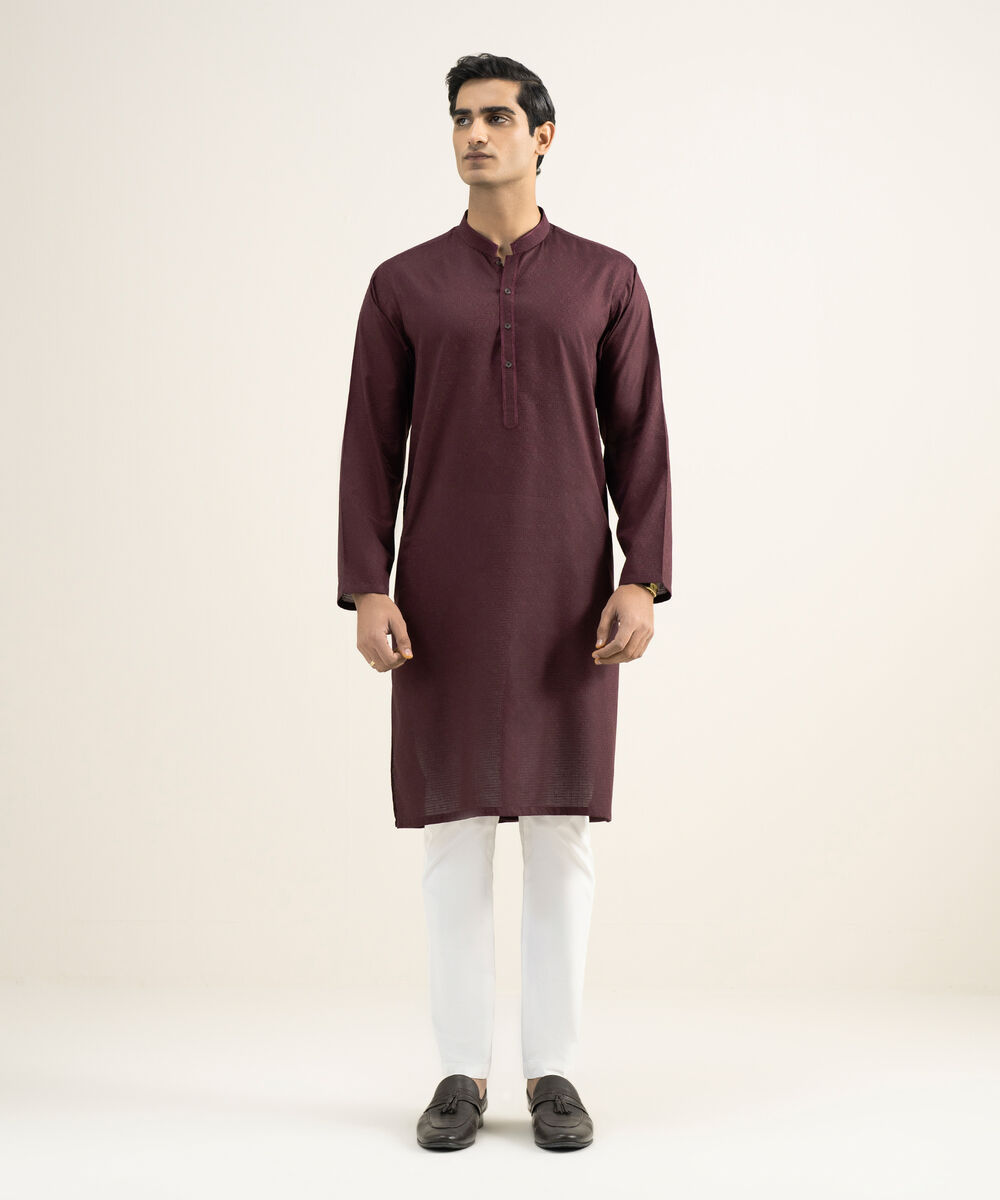 Men's Stitched Cotton Jacquard Maroon Kurta