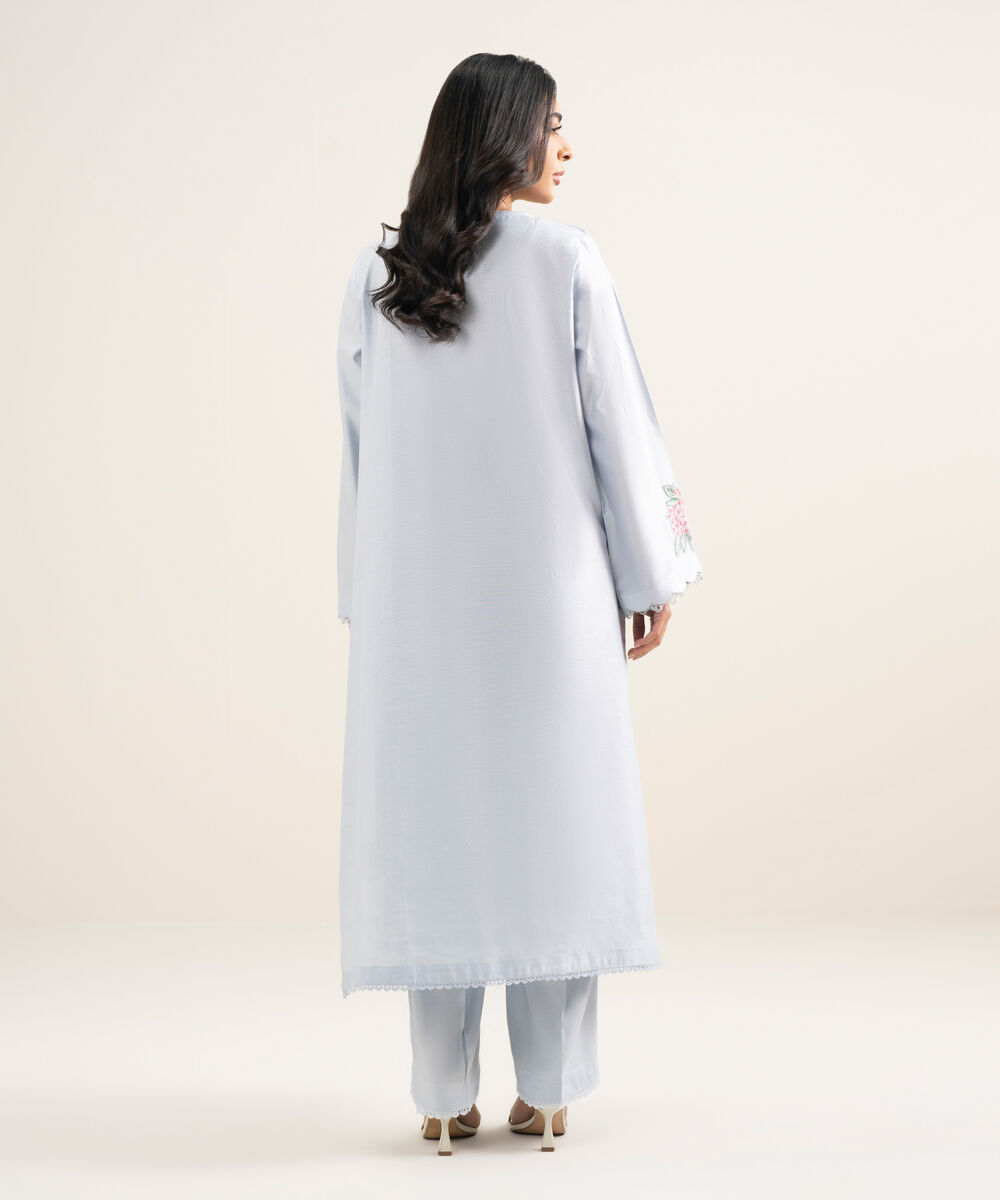 Women's RTW Silk Cotton Net Embroidered Blue 2 Piece Suit