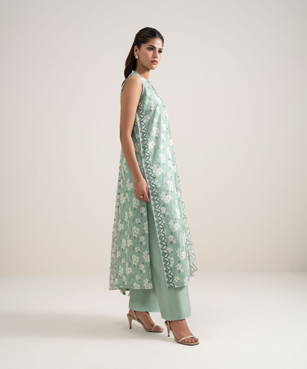 Women's Unstitched Lawn Printed Mint Green and Off White 3 Piece Suit