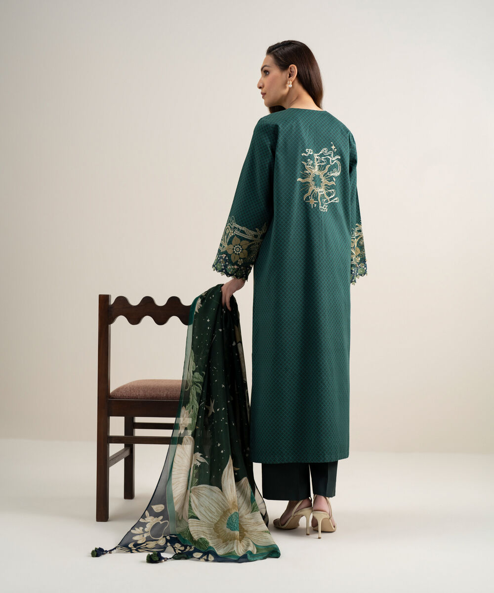 Women's Unstitched Dobby Embroidered Green 3 Piece Suit