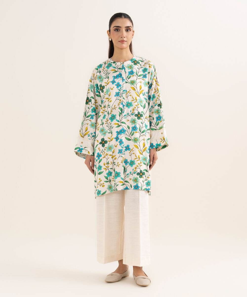 Women's RTW Herringbone Printed Off White Boxy Shirt