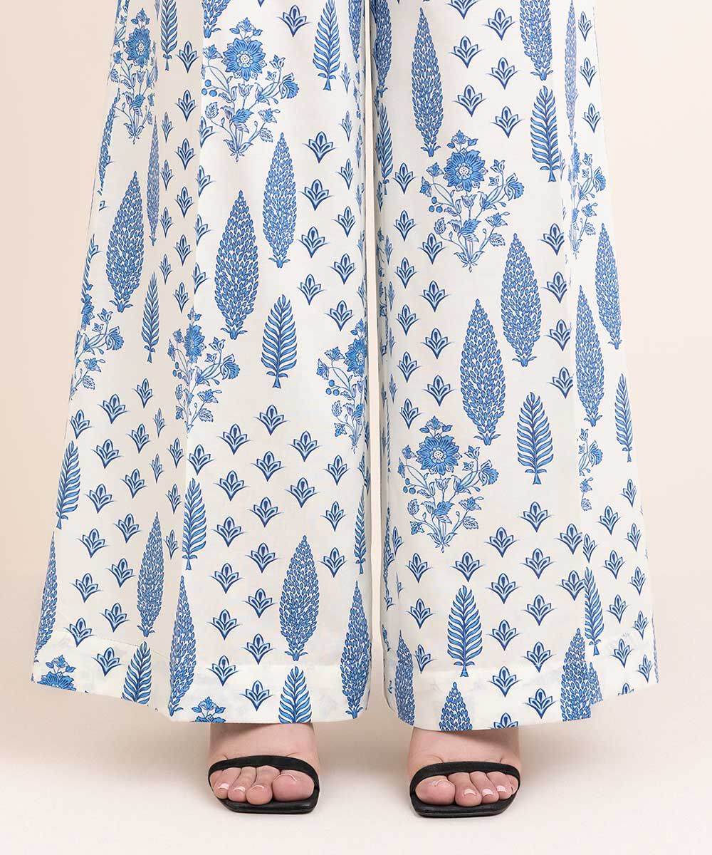 Woman - Blue Printed Cambric Flared Pants