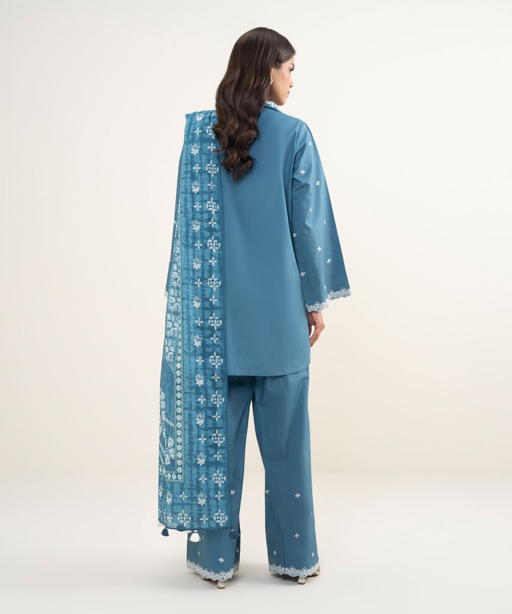Women's Unstitched Cotton  Embroidered Bllue 3 Piece Suit