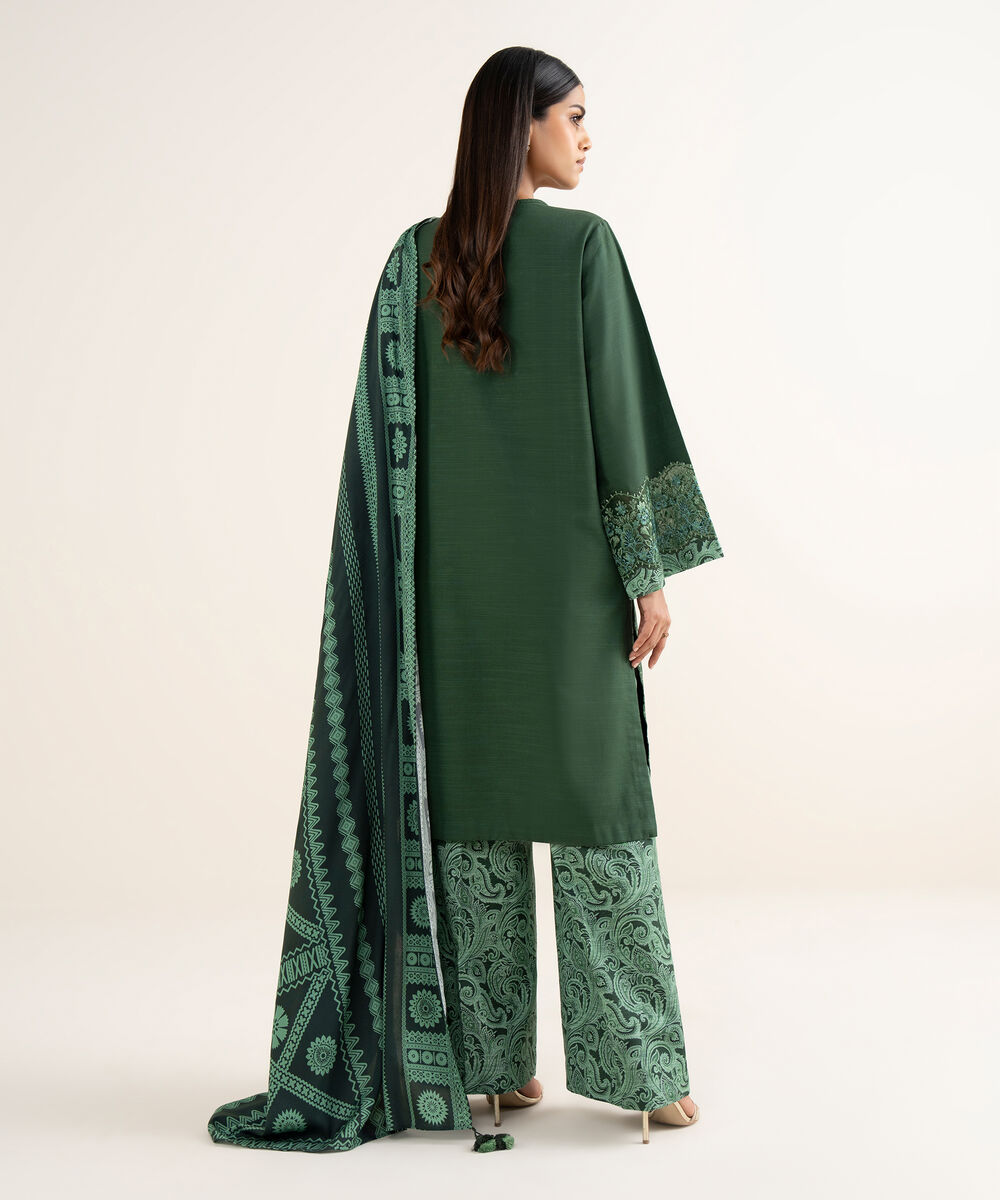 Women's Unstitched Light Khaddar Embroidered Green 3 Piece Suit