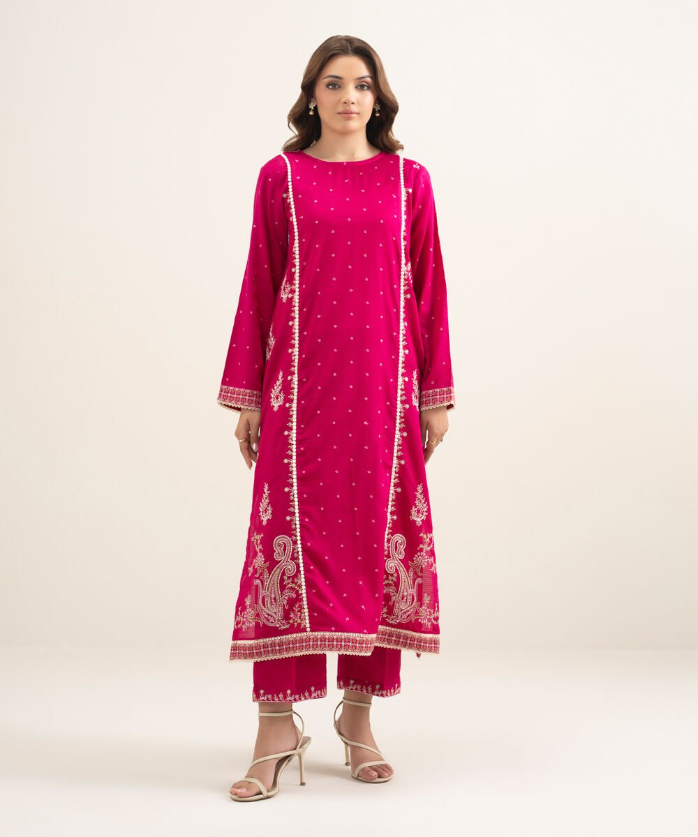 Women's RTW Dobby Embroidered Pink A-Line Shirt