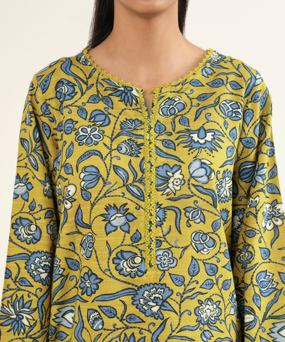 Women's RTW Khaddar Printed Yellow A-Line Shirt