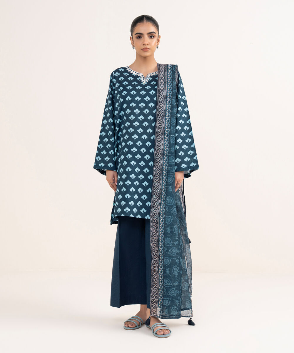 Women's RTW Textured Lawn Blue Embroidered A-Line Shirt