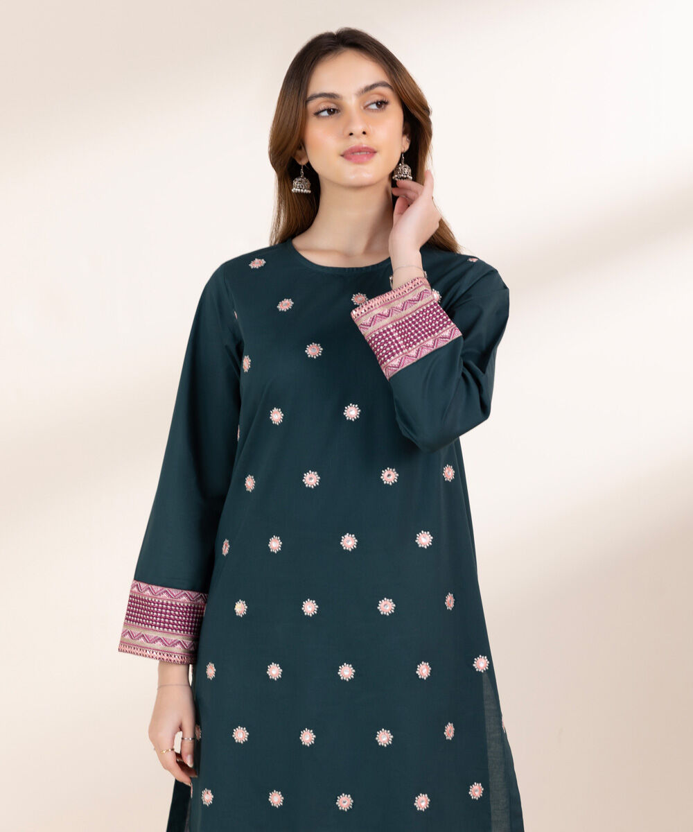 Women's Pret Cambric Green Embroidered Front Open Jacket