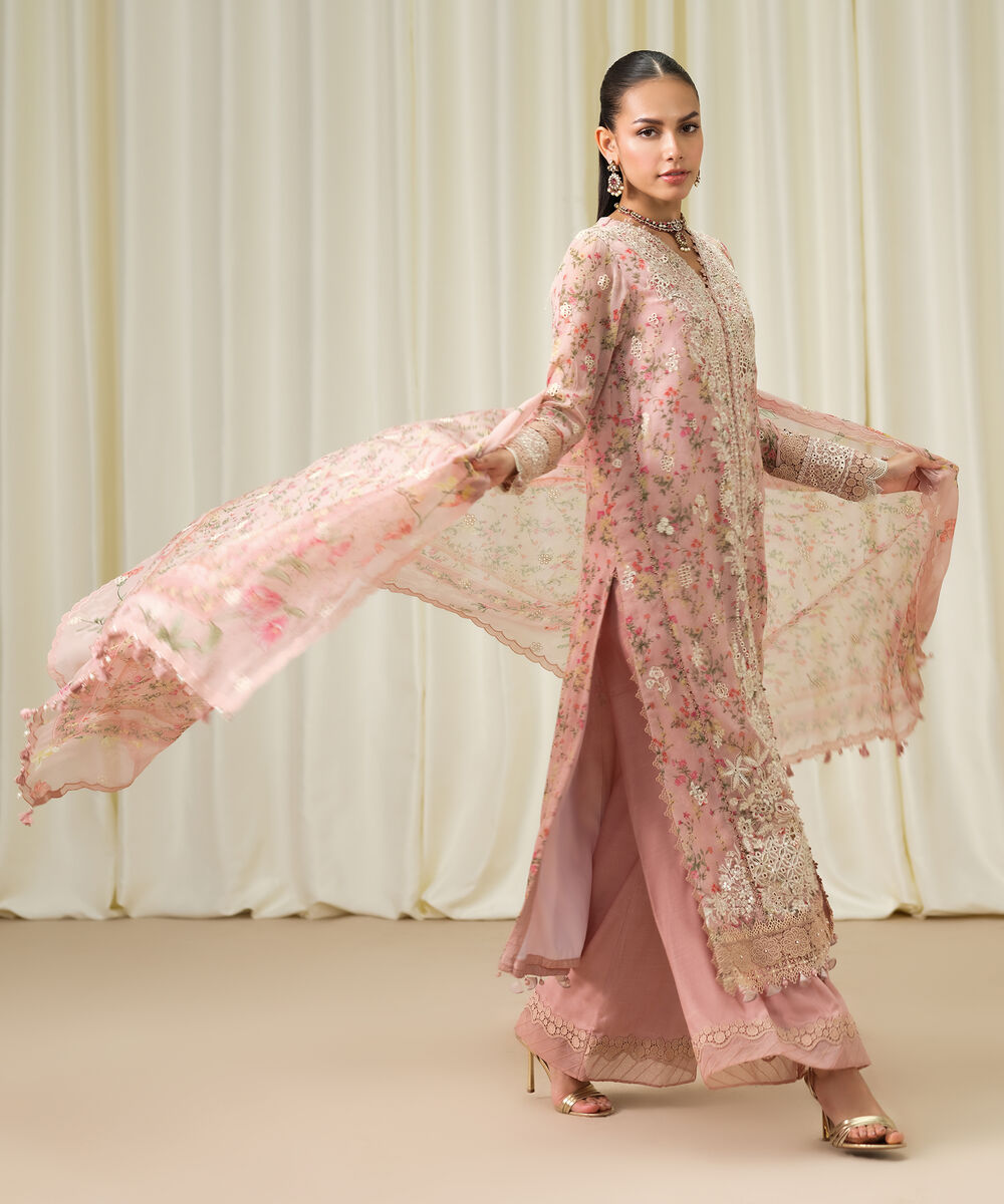 Women's Unstitched Blended Chiffon Embroidered Pink 3 Piece Suit
