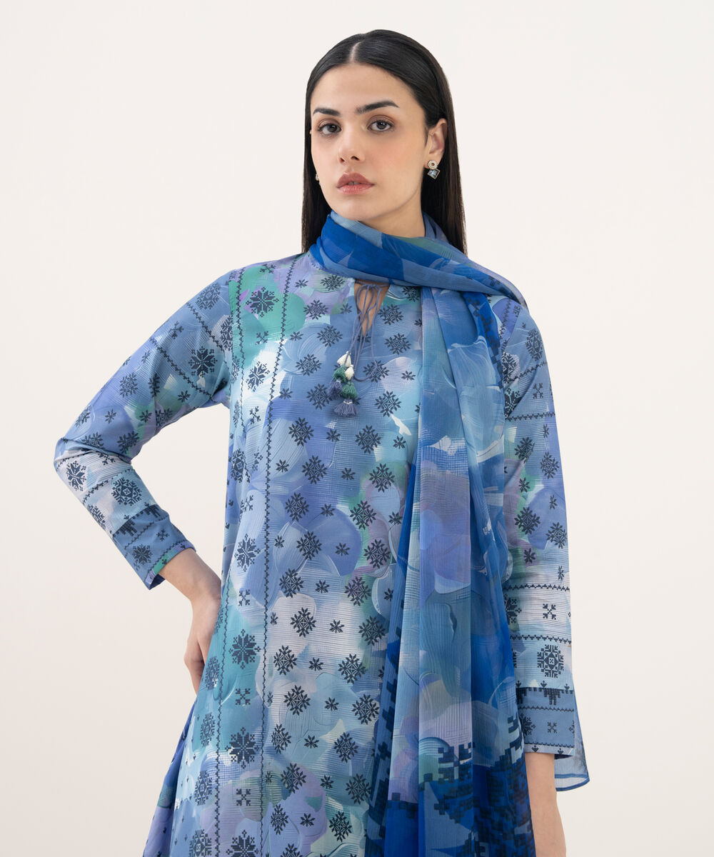 Women's Unstitched Cotton Printed Blue 2 Piece Suit