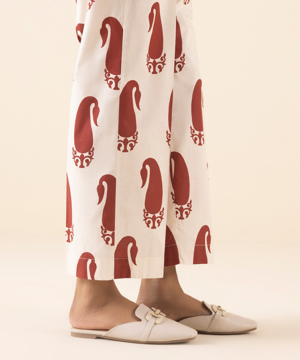 Woman - White Printed Cambric Straight Pants