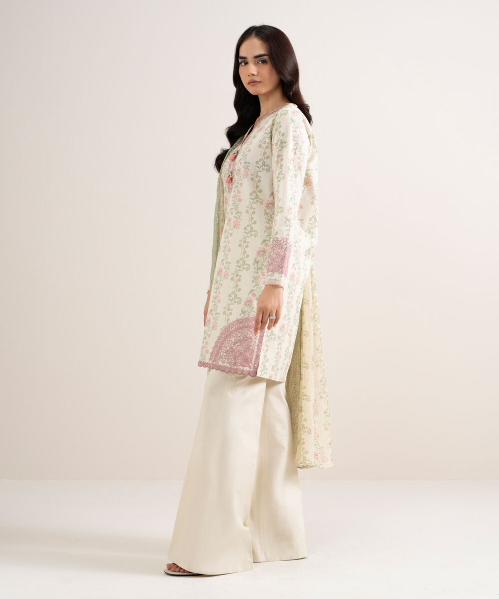 Women's Unstitched Lawn Embroidered Off White 3 Piece Suit