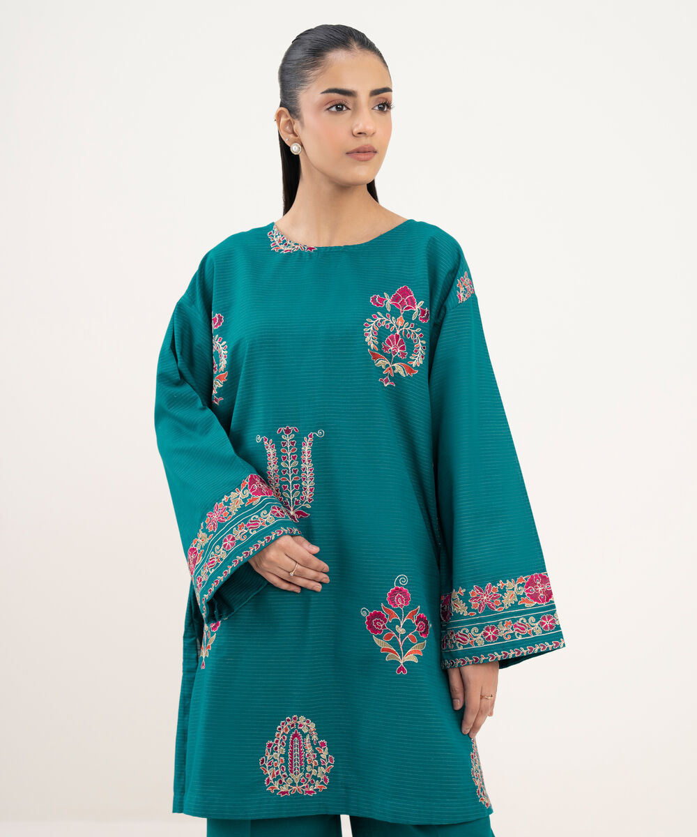 Women's RTW Cotton Embroidered Straight Blue Shirt