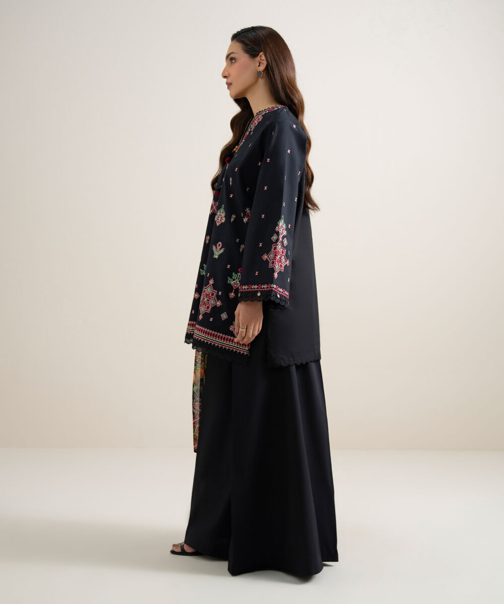 Women's Unstitched Lawn Embroidered Black 3 Piece Suit