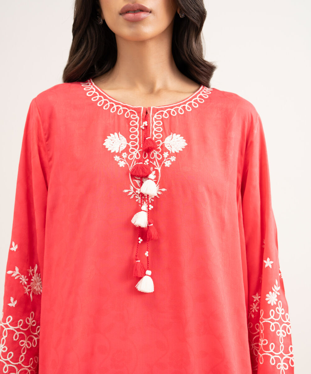 Women's RTW Arabic Self Jacquard Embroidered Pink Straight Shirt