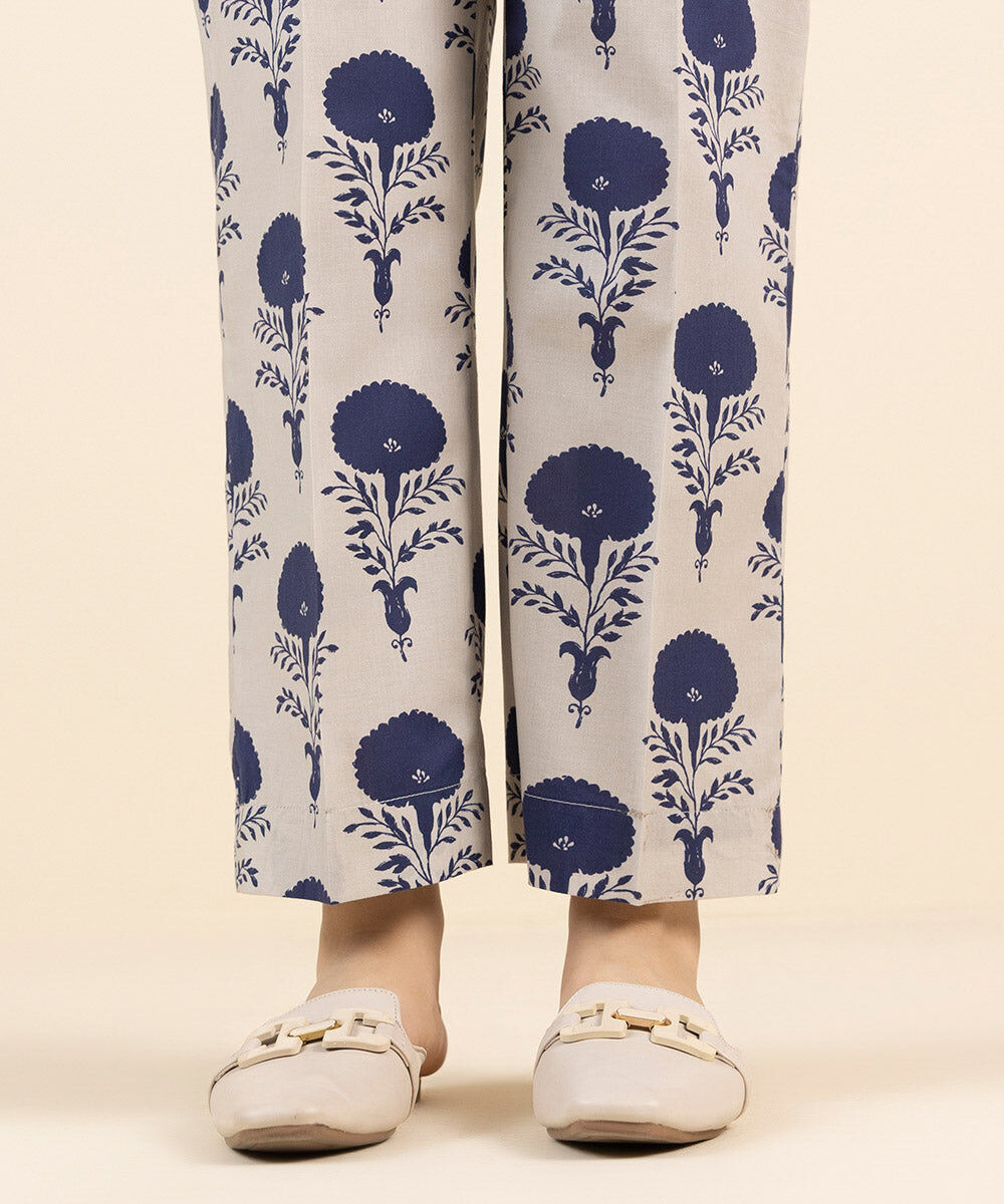 Woman - Blue Printed Cambric Straight Pants