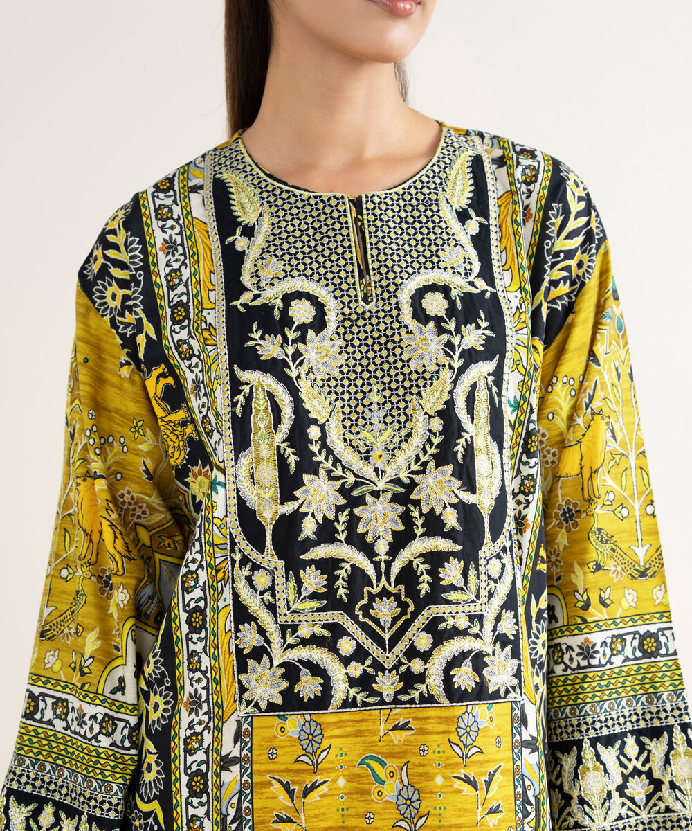 Women's RTW Linen Viscose Embroidered Yellow A-Line Shirt