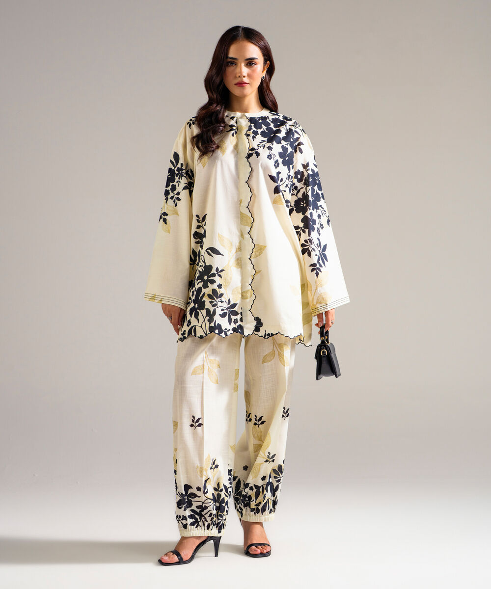 Women's RTW Slub Lawn Printed Off White Drop Shoulder Shirt
