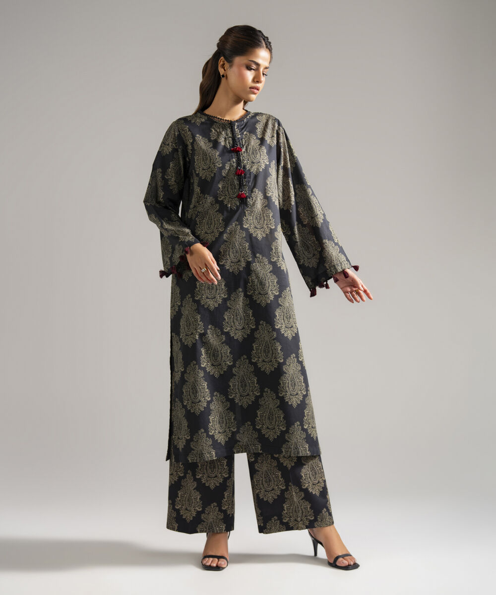 Women's RTW Lawn Printed Black Straight Shirt
