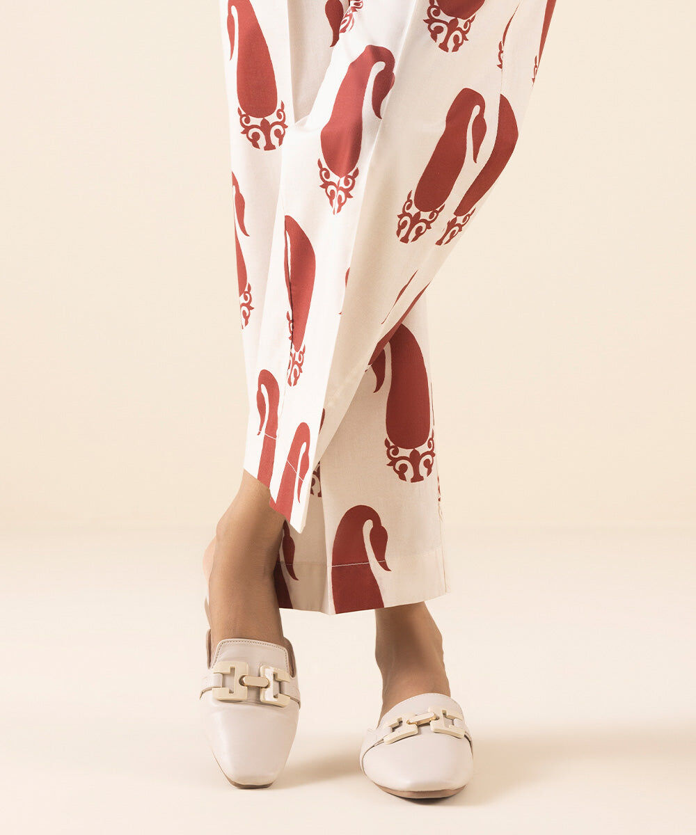 Woman - White Printed Cambric Straight Pants