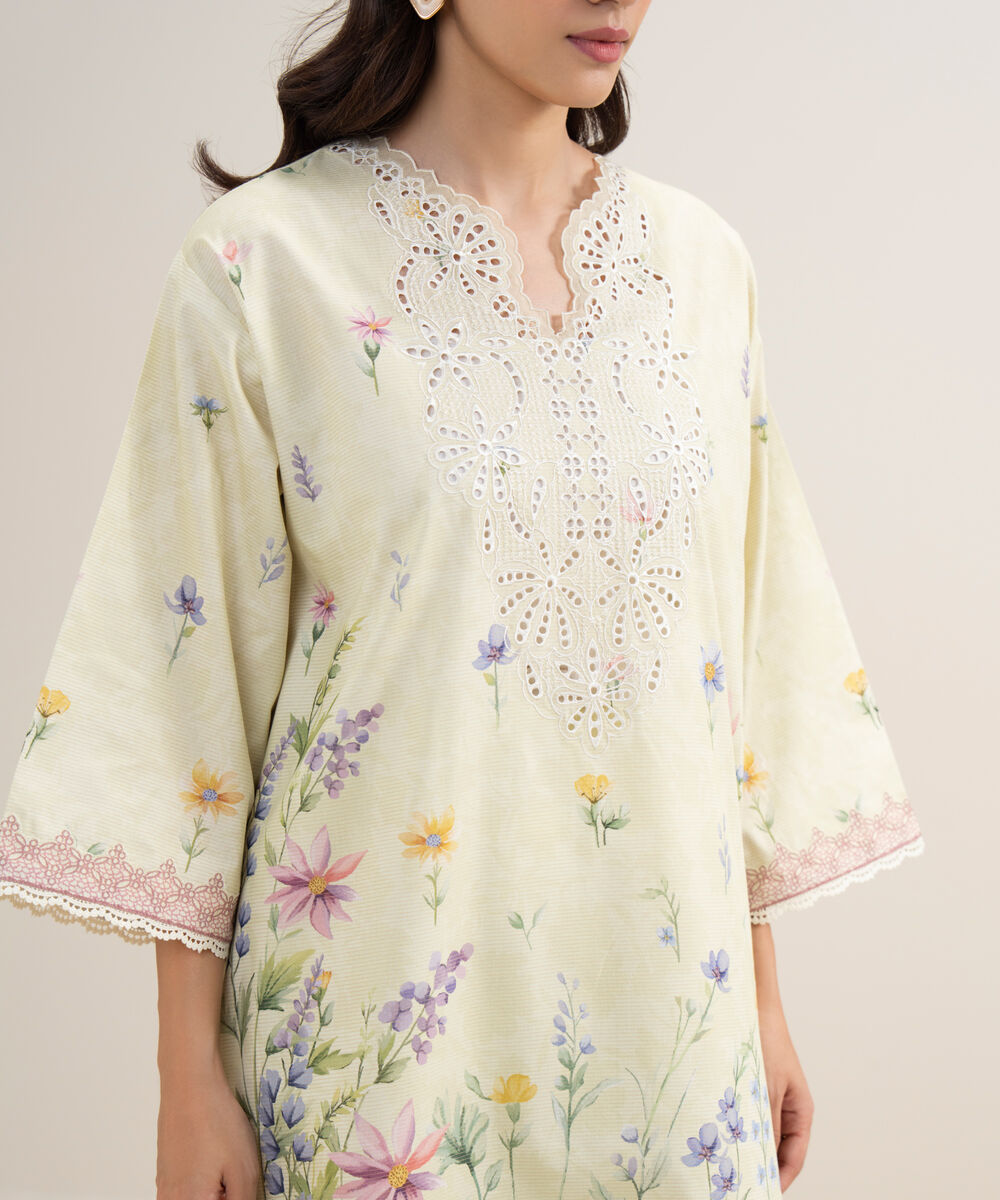 Women's Unstitched Zari Lawn Embroidered Lime Yellow 3 Piece Suit