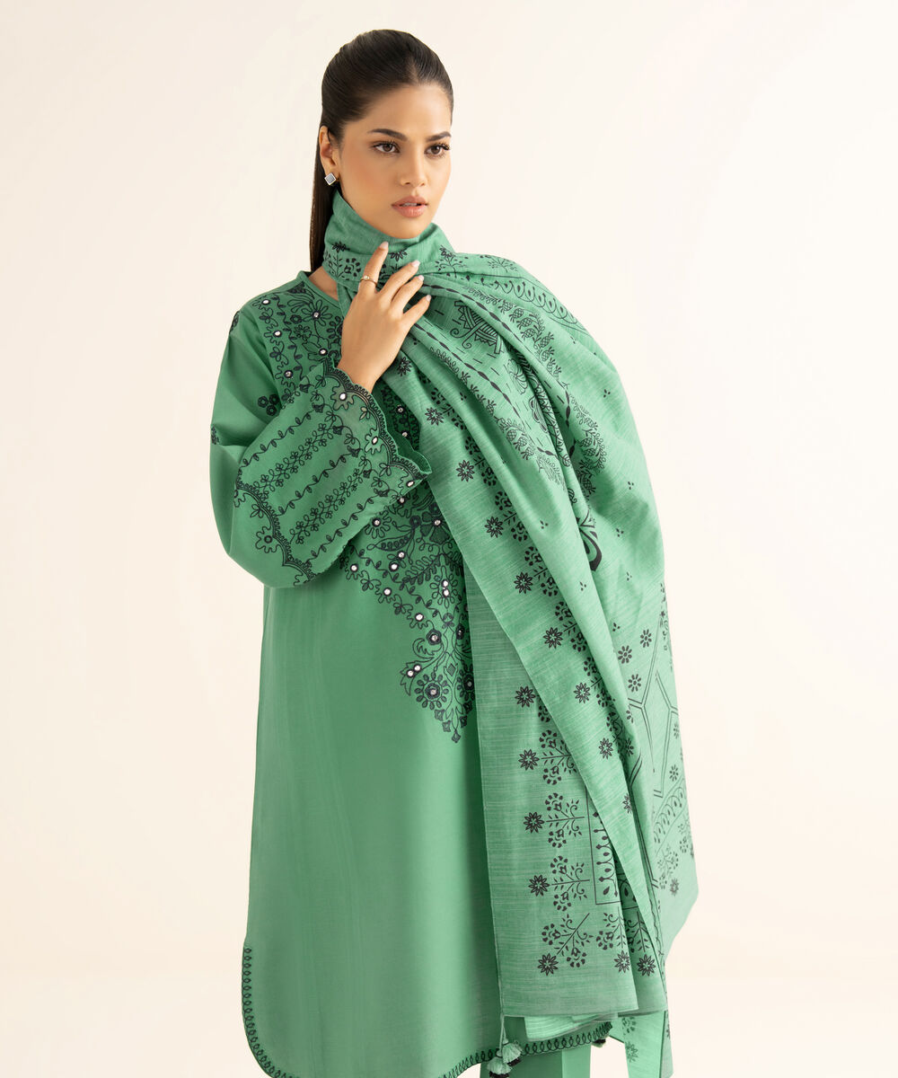 Women's Unstitched Cotton Embroidered Green 3 Piece Suit