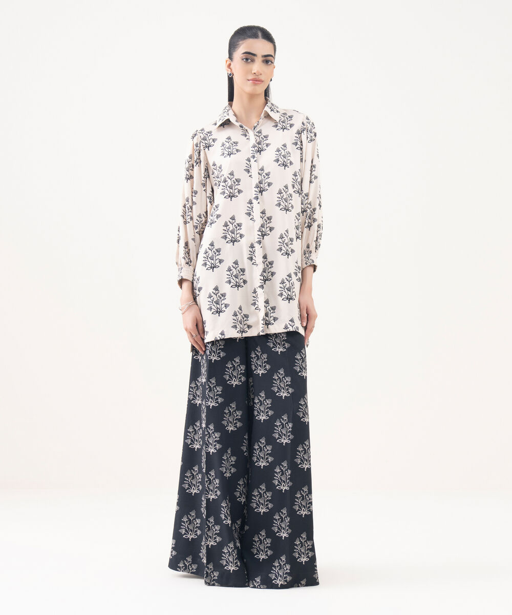 Women's RTW Viscose Linen Cream Printed Button Down Shirt