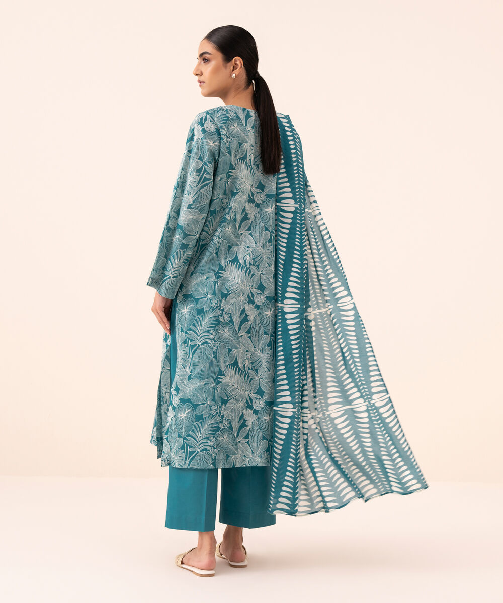 Women's Unstitched Cotton Printed Blue Three Piece Suit