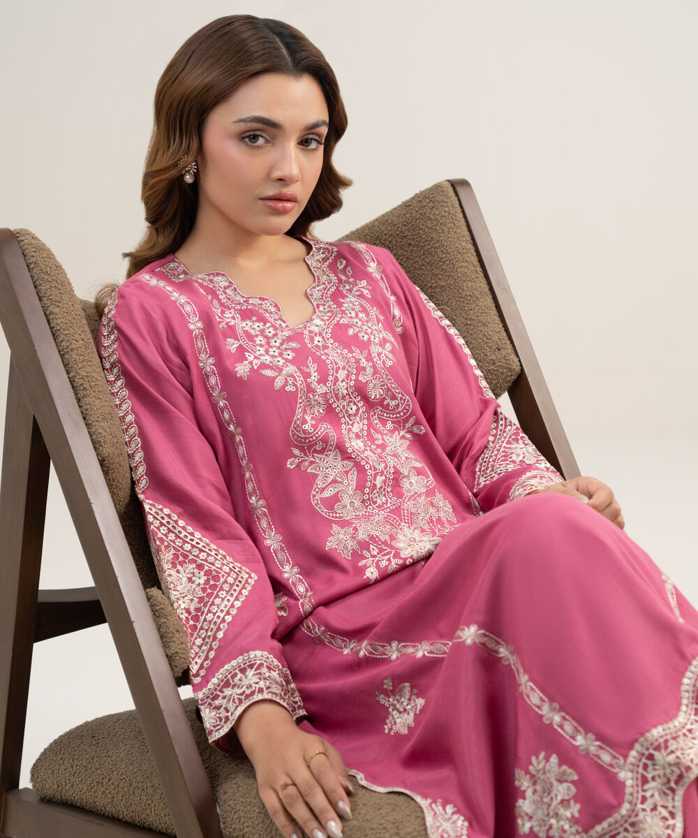 Women's RTW Viscose Raw Silk Embroidered Pink 2 Piece Suit