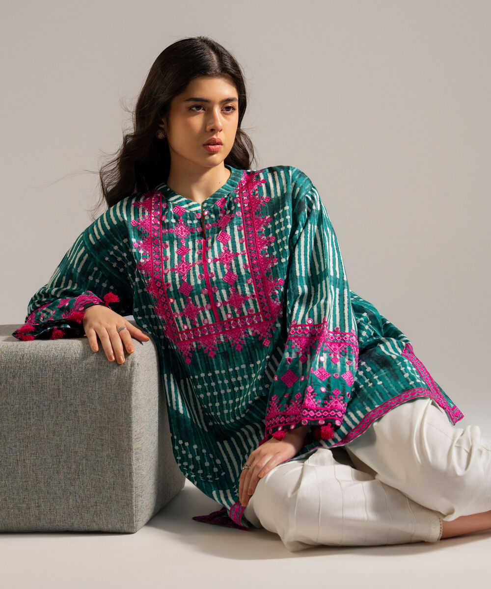 Women's RTW Dobby Embroidered Green Drop Shoulder Shirt