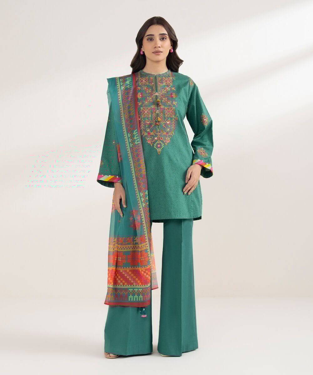 Women's Unstitched Cotton Embroidered Green 3 Piece Suit